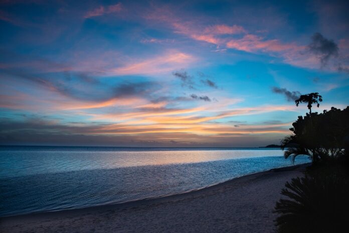 the-sunset-on-the-sea-beach-with-trees-and-white-sand