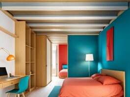 a-bedroom-with-red-bed-and-blue-wall