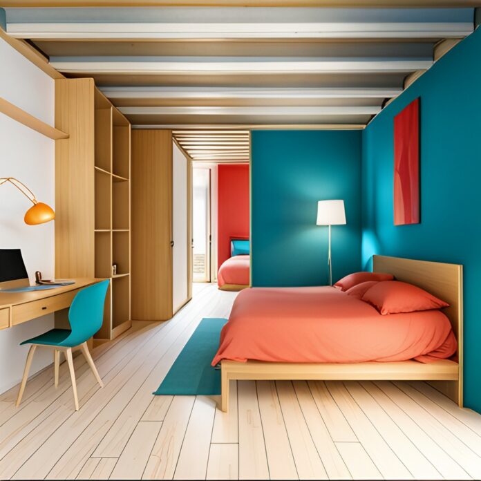 a-bedroom-with-red-bed-and-blue-wall