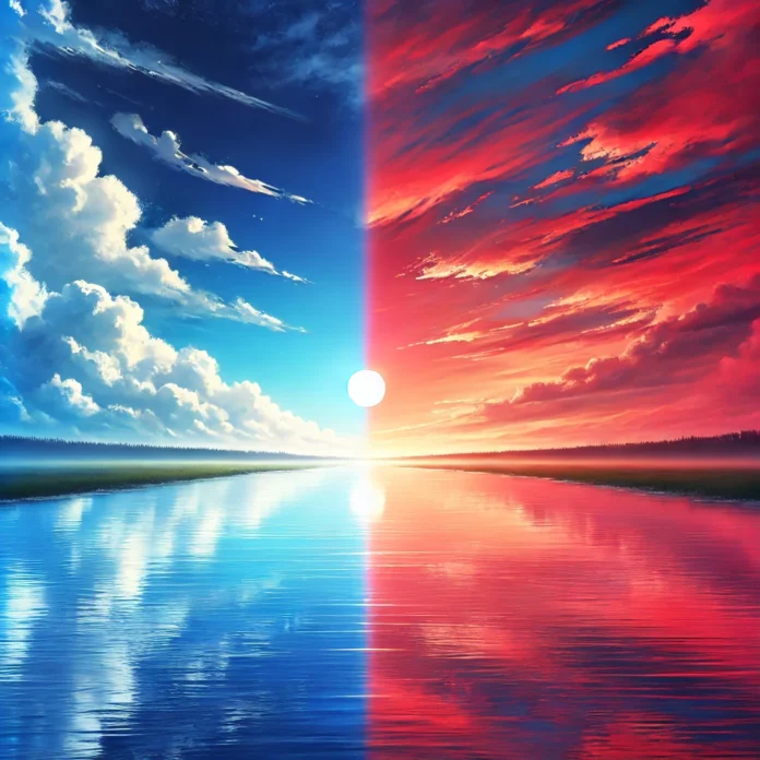 A serene landscape showing the sky transitioning from day to sunset. On one side, the sky is bright blue with the sun high above, while on the other,