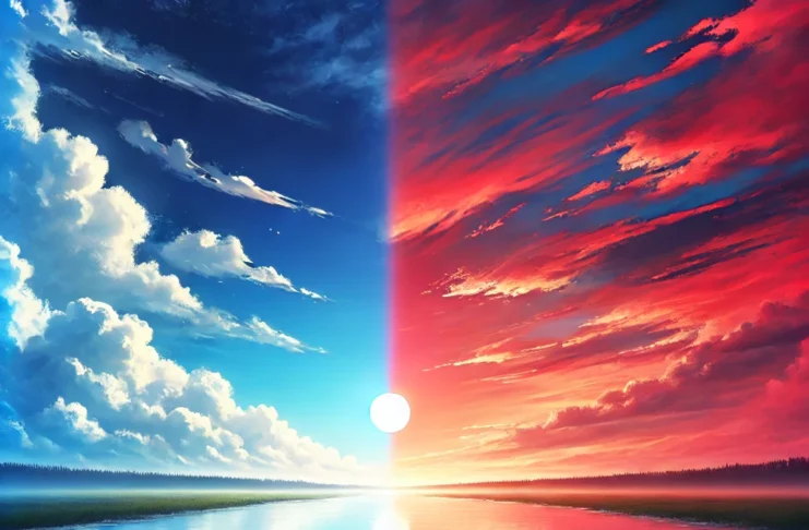 A serene landscape showing the sky transitioning from day to sunset. On one side, the sky is bright blue with the sun high above, while on the other,